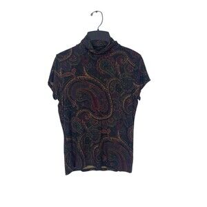 Lauren Ralph Lauren Paisley Mock Neck Top Y2K Academia Stretch Short Sleeve P/M